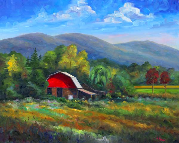 Red Barn with mountain landscape