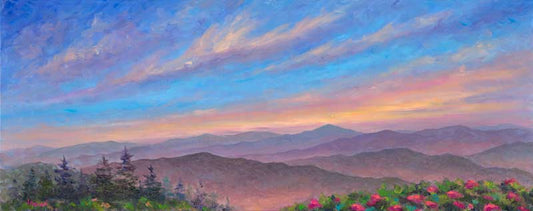 Glowing horizon along the Blue Ridge Parkway with Rhdododendrons in bloom.