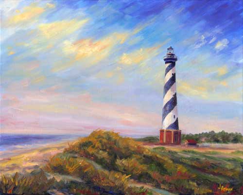 View of the Hatteras Lighthouse with colorful sky.