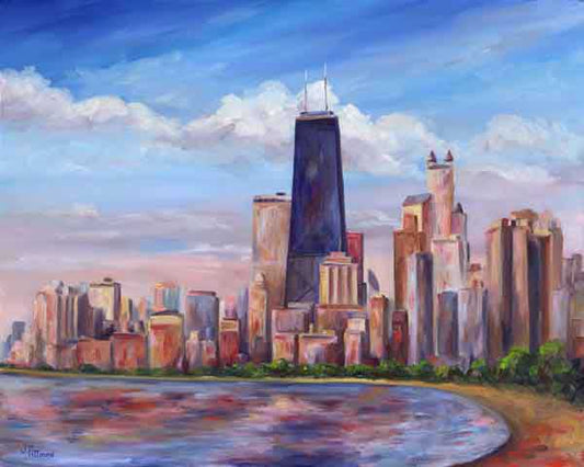 View of the Chicago Skyline with the Hancock Tower from North Shore Drive along Lake Michigan.